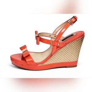 White House Black Market Coral Patent Leather Bow Wedge Platform Sandals us 7